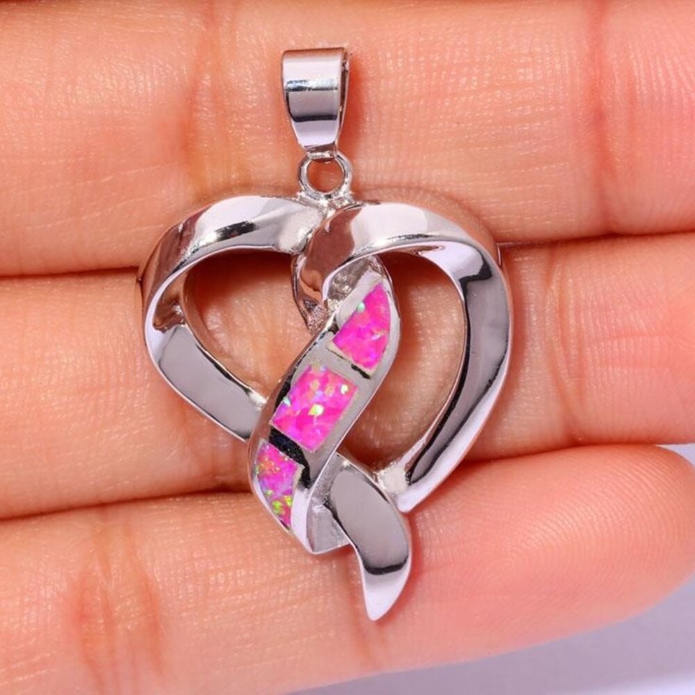 New - Heart With Pink Fire Opal Silver Pendant - Includes a Chain